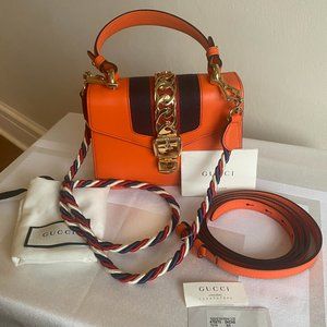 Gucci Orange Mini Sylvie Top Handle Leather Handbag